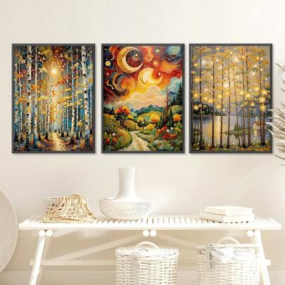 Bộ 3 tranh canvas phong cách Klimt hình trăng sao, tranh bầu trời đêm vàng, bộ 3 tranh bầu trời sao mộng mơ, tranh trang trí thanh lịch cho phòng khách.