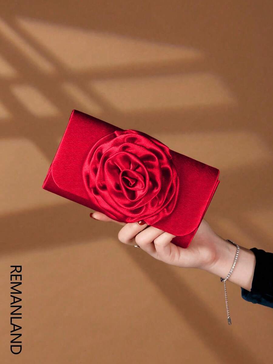 REMANLAND Rose Flower Shaped Women's Evening Clutch Bag, Satin Handbag For Wedding, Party, Unique Gift
