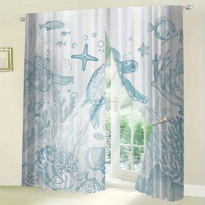 2PCS, Teal & White, Sea Turtle & Marine Life Line Art Pattern, Coastal Nautical Style, 2D Flat Printed Curtains, 100% Polyester Fabric, Rod Pocket Style 2D Flat Printed 2-Panel Curtains, No Lining, 90gsm, 180cm Width, Perfect For Bedroom Curtains, Living Room Curtains, Dining Room Curtains, Bathroom Curtains, Outdoor Curtains