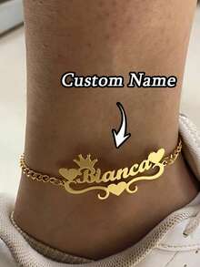 1pc Customized Personalized Heart Crown Name Anklet, Custom Anklet, High Quality Cuban Chain, Stainless Steel Jewelry, Customized Name Anklet, Customized Jewelry, Customized Items, Customized Christmas Gift, Halloween Jewelry, Anniversary Gift, Birthday Gift, Personalized Gift Suitable For Family And Friends - Multicolor - View 8