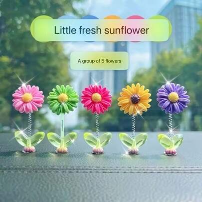 5pcs Sunflower Car Interior Decor, Cute Nodding Dashboard Decoration, Ornament, Shaking Accessory