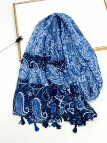 1pc Simple Printed Scarf, Lightweight Breathable Tassel Shawl, Elegant Style Fashion Women Silk Scarf, Versatile Large Scarf For Spring/Summer, Outdoor Sun Protection Beach Wrap,Travel Essential,Holiday - Navy Blue - View 1