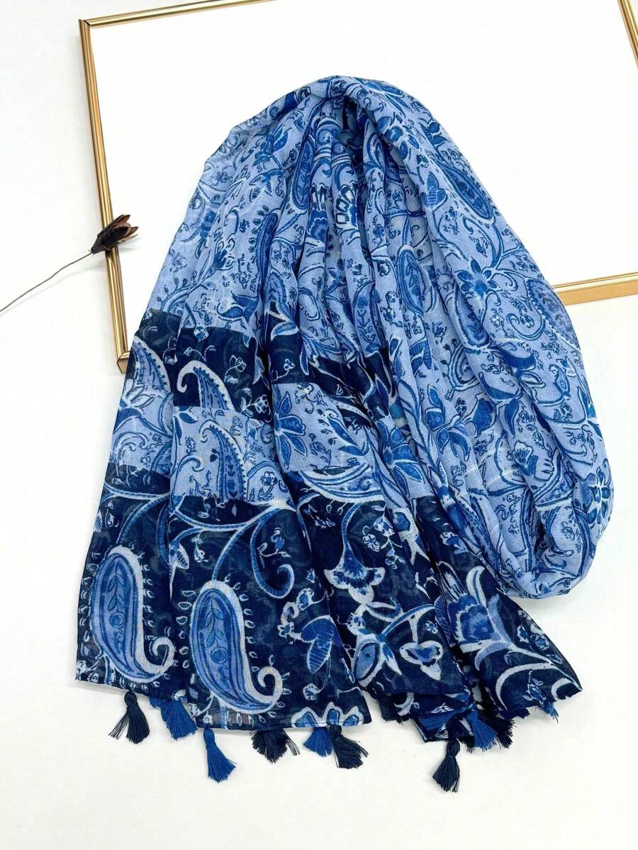 1pc Simple Printed Scarf, Lightweight Breathable Tassel Shawl, Elegant Style Fashion Women Silk Scarf, Versatile Large Scarf For Spring/Summer, Outdoor Sun Protection Beach Wrap,Travel Essential,Holiday - Navy Blue - View 1