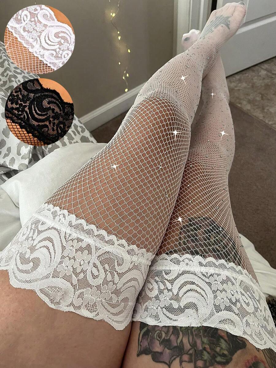 1pair Women's Sexy Lace Trim Mesh Rhinestone Over The Knee High Socks, Fashion Glitter Design, Breathable Thin Summer Stockings - Multicolor - View 1