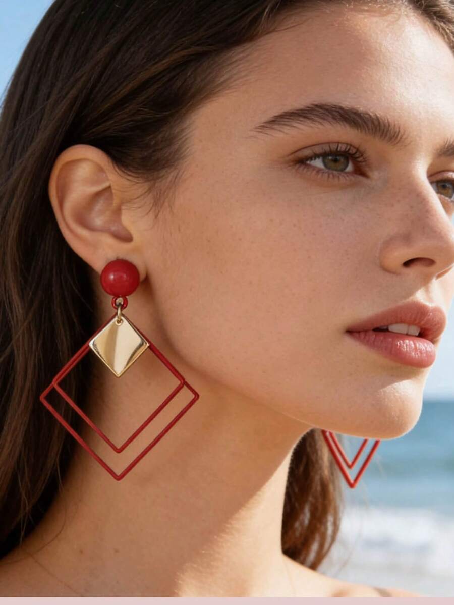 imoli 1 par de pendientes aro de forma geométrica cuadrada y redonda, de cobre retro y elegante, regalo para mujeres - 9814-3-rojo - Ver 1