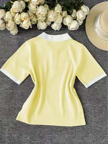 Women's Elegant Commuter Outfit, Minimalist High-End Knit Pullover Top, Half-Zip Contrast Color Pocket Zipper Design, Ladies' Streetwear, Versatile Simple Knit Short Sleeve Blouse, Outdoor Casual Wear - Yellow - View 3