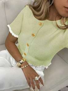 Women's Summer Button Ear Design Beige Knit Top, Elegant Casual Short Sleeve Knit Sweater, Suitable For Dates And Daily Wear - 綠色 - 查看 4