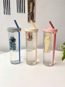 1 pieza Vaso con pajita para té de frutas, vaso portátil de plástico a prueba de golpes y minimalista para bebidas de té de frutas y leche - Multicolor - Ver 3