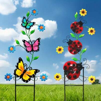1 chiếc cọc trang trí sân vườn bằng acrylic với hình bướm và bọ rùa nhiều màu sắc - Trang trí bền chắc ngoài trời/trong nhà, phù hợp cho mùa xuân/hè, đám cưới, sân hiên, lối đi trên bãi cỏ, không cần điện, trang trí sân vườn.