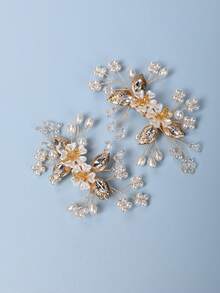 2pcs/Set Orange Flower Center Pearl Hair Clips, Hair Accessories - Gold - View 5