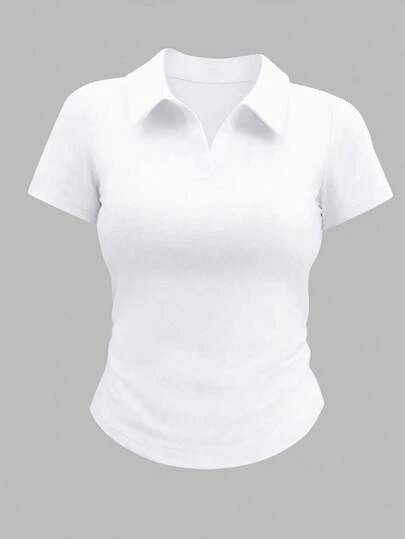 Women's Spring New Sports Polo Shirt, Casual Tight-Fitting Polo Collar V-Neck Long Sleeve Top, Suitable For Outdoor Golf, Leisure, Running, Sports, Yoga And Exercise White