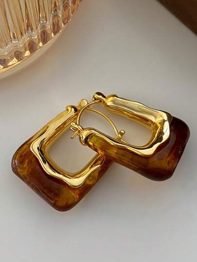 1 Pair Women's Retro U-Shaped Hoop Earrings, Gold-Tone Geometric Earrings With Brown Tortoiseshell Resin For Daily Wear, Parties, Vacations And Gifts