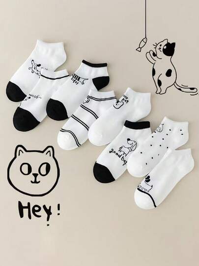 4 Pairs New Women's Thin Ankle Socks, Cute Pet Patterns, Cartoon Cat & Dog Designs, Comfortable Casual Boat Socks, Minimalist Versatile