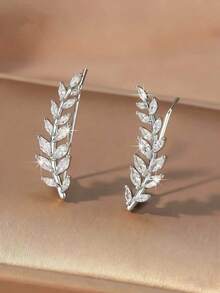 一对高端时尚超闪亮锆石镶嵌叶子设计耳环，创意珠宝耳环，适合女性佩戴 - 樹枝耳排 - 查看 3