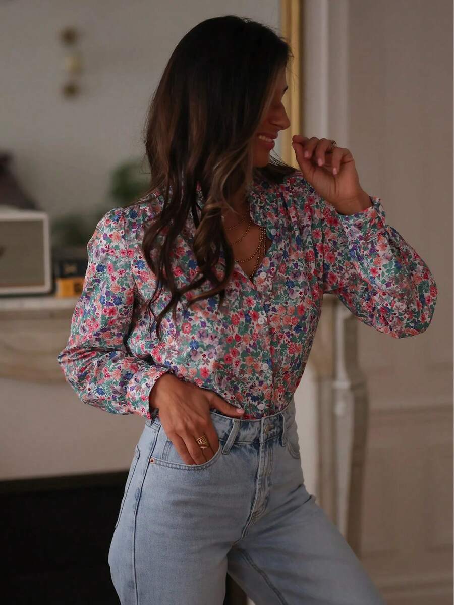 Blusa da donna con collo a balze e maniche a palloncino, motivo floreale, camicia casual, adatta per primavera ed estate, ideale per vacanze - Multicolore - Visualizzare 1
