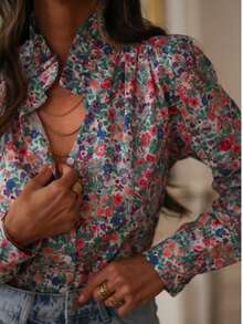 Blusa da donna con collo a balze e maniche a palloncino, motivo floreale, camicia casual, adatta per primavera ed estate, ideale per vacanze - Multicolore - Visualizzare 8