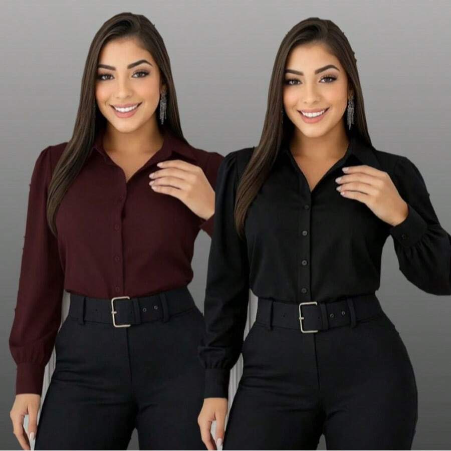 Kit Of 2 Women's Dress Shirts With Buttons, Long Sleeves, - 兩件裝黑色和酒紅色襯衫(單色) - 查看 1