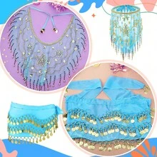 Belly Dance Sequin Decorated Veil And Coin Tassel Waist Accessories Set, For Stage Performance, Party, Dance - Multicolor - View 12