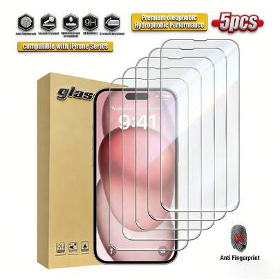 5片装高清钢化玻璃屏幕保护膜，兼容苹果设备，防刮擦、防碰撞、疏油涂层、触感顺滑，兼容苹果X/XR/11/12/13/14/15/16/16Plus/16Pro/16ProMax/16e/17/17 Air/17 Pro/17 Pro Max/17e全系列
