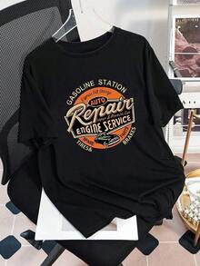 Damen Lässiges Retro Amerikanisches Autowerkstatt Abzeichen mit abgenutzter vintage handgeschriebener Schrift Rundhals Kurzarm Relaxed T-Shirt, geeignet für Frühling, Sommer, Herbst - Schwarz - Übersicht 3