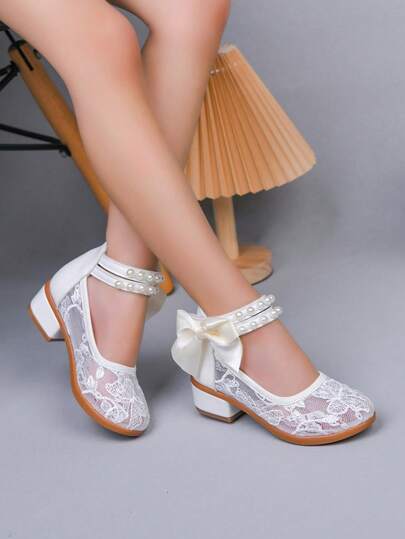 1 Pair Embroidered Mesh Mary Jane Shoes For Girls, Pearl Ankle Strap With Bow Decor, Elegant Versatile For Party & Daily Wear