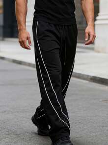 Pantalones casuales sueltos con cintura con cordón y bolsillos a rayas para hombres - Negro - Ver 3