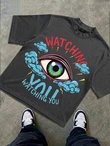 Boys & Teens' Casual Graphic Print Round Neck Short Sleeve T-Shirt, Summer Top - 深灰色 - 查看 1