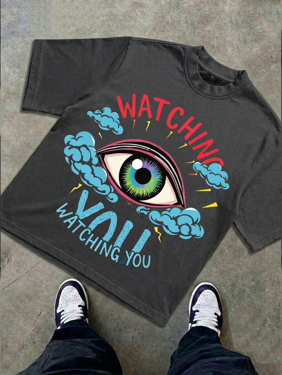 Boys & Teens' Casual Graphic Print Round Neck Short Sleeve T-Shirt, Summer Top - 深灰色 - 查看 1