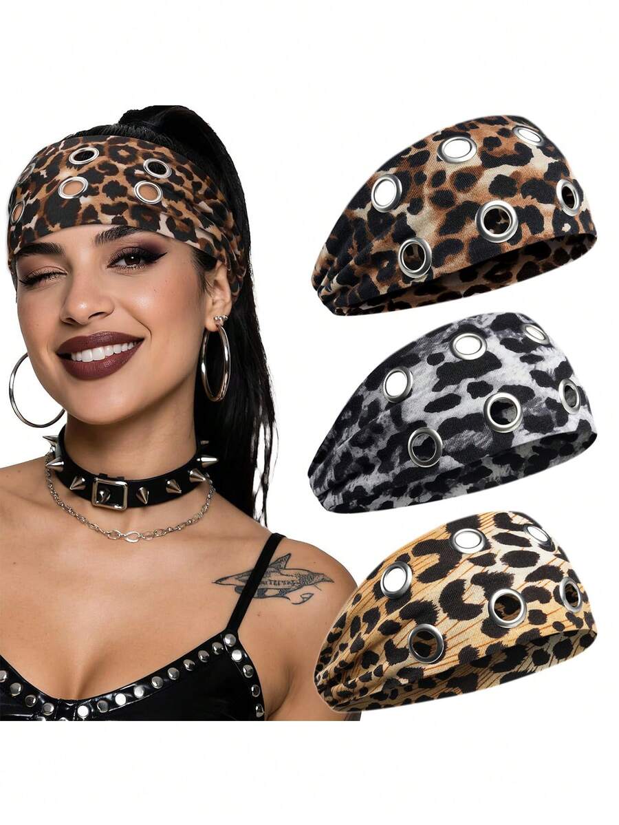 1pc Punk Y2K Metal Hoop Hollow Headband, Unisex Leopard Print Headband - Multicolor - View 1