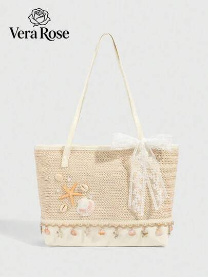 小巧精致的度假风编织手提包，简约立体海洋元素装饰单肩包，优雅的蕾丝蝴蝶结肩带，时尚大容量女士腋下包，适合工作通勤、海滩摄影、度假搭配等场合。