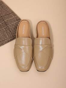 Pantuflas tipo mula con diseño de cruce en la punta cuadrada, zapatos planos sin talón, para uso casual y de commuting para mujeres - Caqui - Ver 2