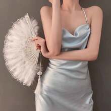 1pc Handmade Folding Fan, White Feather Hand Fan, Chinese Style Home Decor, Party Dance, Wedding Decoration Accessory, Craft Gift, Wall Decor, Halloween Accessory - Multicolor - View 3