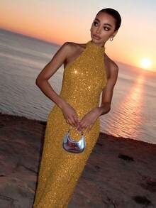 Elegant Sparkly Backless Dress For Women, Romantic Party, Wedding, Graduation, Formal Occasion Spring - Gold - View 4