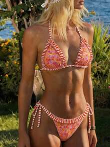 女士可爱橙色碎花挂脖比基尼套装，荷叶边装饰，侧系带，两件式泳衣 - 彩色 - 查看 7