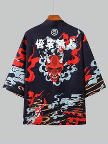 Bata con estampado de máscara de demonio Prajnaparamita de manga 3/4, Cárdigan suelto y oscuro indiferente para protección solar, Chaqueta kimono para hombres - Negro - Ver 3