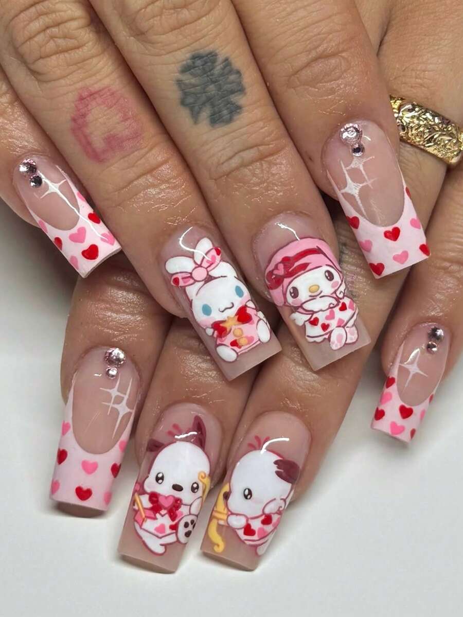 SANRIO 24片中号方形粉色法式美甲贴片，带有可爱旋律、装饰、水钻和爱心设计，粉色少女风格，完美贴合的亚克力假指甲套装，包含1瓶果冻胶和1把指甲锉，适合女孩日常生活、派对和聚会使用的美甲用品。 - 彩色 - 查看 1