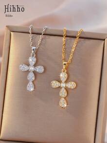 Hihho 1件四叶草幸运吊坠项链，搭配优雅十字架锁骨链，日常佩戴及节日礼物 - 項鍊 - 查看 2