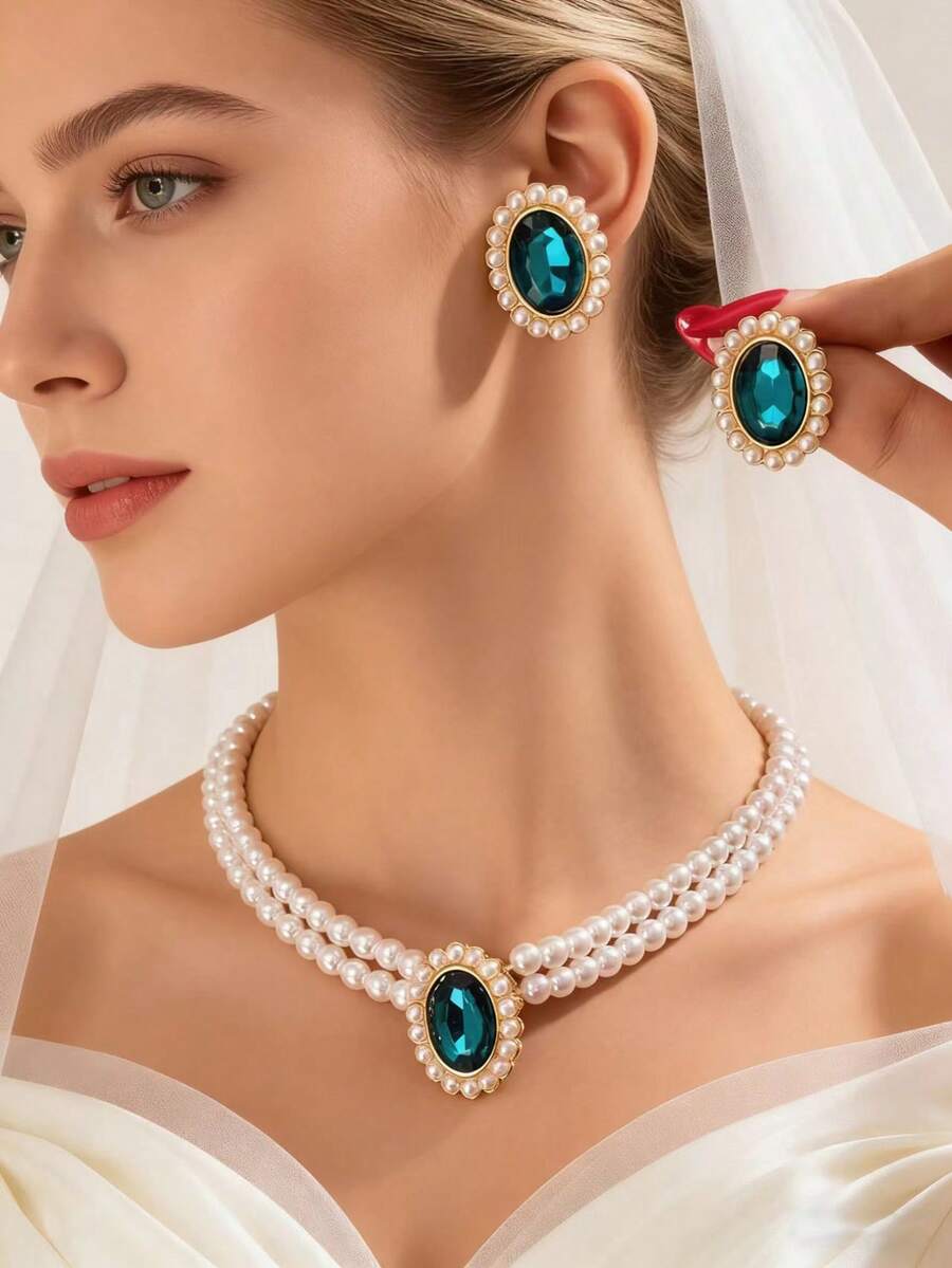 3件套 时尚新款简约优雅珍珠钻石双层串珠多功能法式高端设计项链 - 彩色 - 查看 1