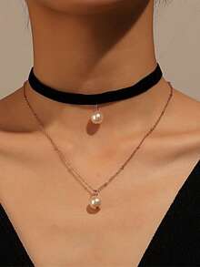 1 chiếc dây chuyền mặt ngọc trai hai lớp tối giản phong cách retro dành cho nữ, có thể cá nhân hóa. - Nhiều màu - Xem 2