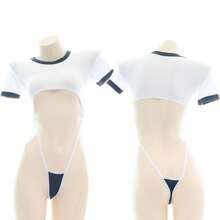 Ladies Sexy V Neck Fun Nightdress Underwear Anime Lingerie Cosplay Bodysuit Tie Top Set - 白色 - 查看 3