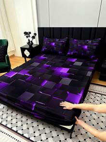 3pcs Cool Technology Digital Printing Material Plaid Fitted Sheet(1pc Fitted Sheet+2pcs Pillowcase No Filling) At Home,Dormitory,Suitable For All Seasons,Deep Pocket In 15 Inch,15%Bamboo Viscose,85%Polyester - Purple - View 6
