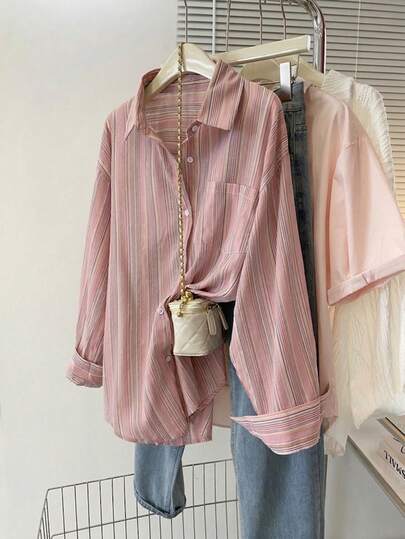 YUXIN قميص مخطط فضفاض عتيق، قميص نسائي بأكمام طويلة، سهل التعامل في مناسبات متنوعة، مريح ومناسب للجميع، مثالي للربيع والخريف