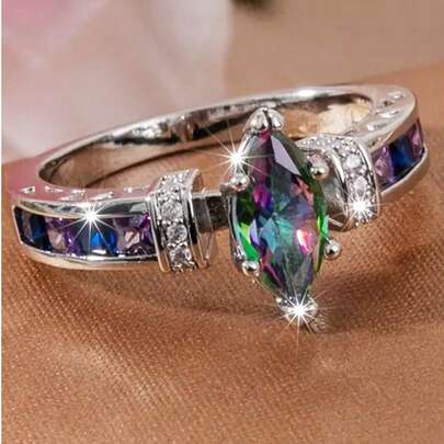 1枚S925纯银彩色合成锆石马眼形戒指，低过敏性，不含镍，反光，奢华高品质珠宝戒指，日常佩戴，附赠礼盒