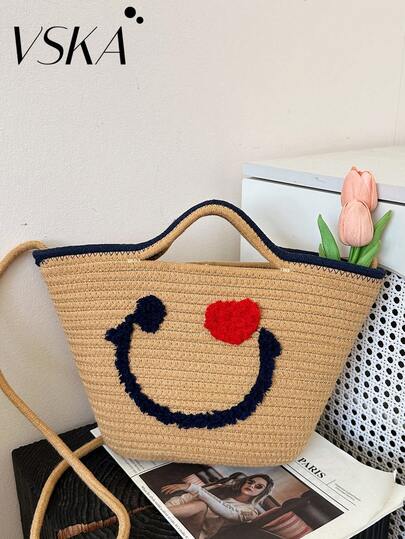 夏日度假风笑脸草编包 | 甜美清爽的刺绣爱心手提包，大容量设计，可轻松装下雨伞、水瓶、迷你扇子和沙滩巾，适合短途旅行、海滩漫步和日常通勤。
