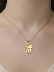 1pc Fashionable Stainless Steel Hollow Hugging Cat Pendant Necklace, Cute Animal Pattern Unisex Necklace - Simple Series - View 7
