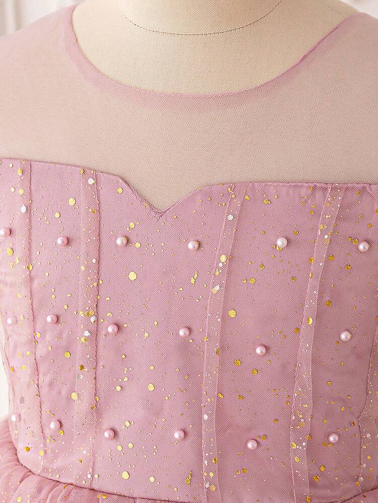 Đầm dạ hội/phù dâu thanh lịch cho bé gái tuổi teen, đầm dự tiệc sinh nhật đính sequin lưới thời trang, đầm tốt nghiệp, đầm giả ngọc trai. - Hồng - Xem 5