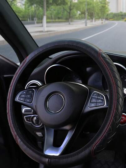 1pc Leather 3D Massage Car Steering Wheel Cover, Black, Universal For Men And Women