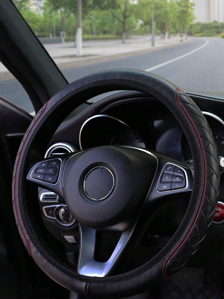 1pc Leather 3D Massage Car Steering Wheel Cover, Black, Universal For Men And Women - Multicolor - View 1