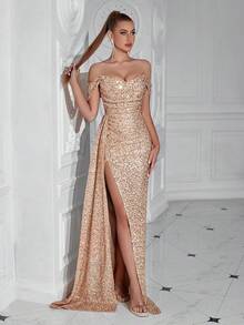 Women's 2026 Sequin Tulle Off Shoulder Floor Length Formal Evening Gown, Elegant Dress For Wedding Guest, Prom & Party - 香檳色 - 查看 3