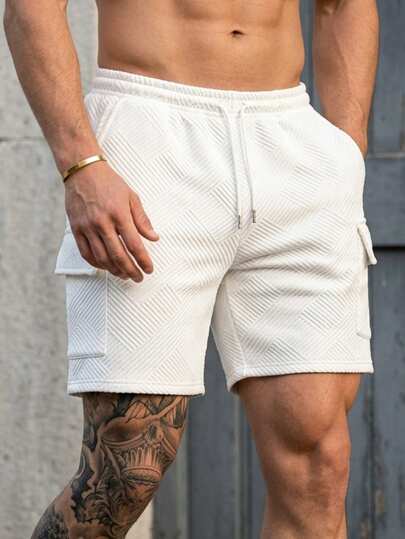男士夏季休闲时尚日常穿着大口袋提花纹理白色短裤，沙滩短裤，网球短裤，适合度假、海边穿着